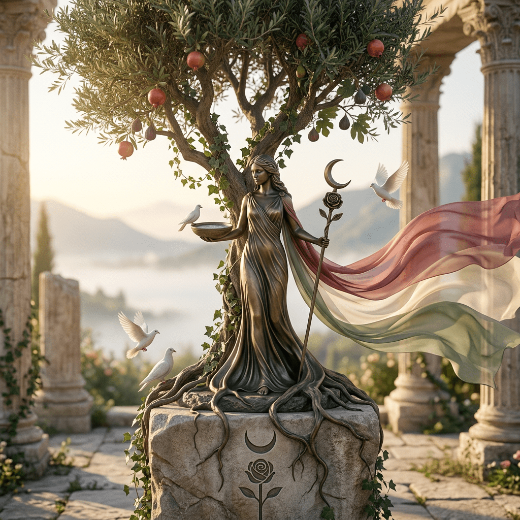 Bronze goddess statue standing with a staff and bowl, entwined with a tree bearing pomegranates and figs, with white doves flying around and ancient stone columns in the background